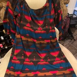 Yahada Red and Blue Patterned Long Sleeve Dress -Size small